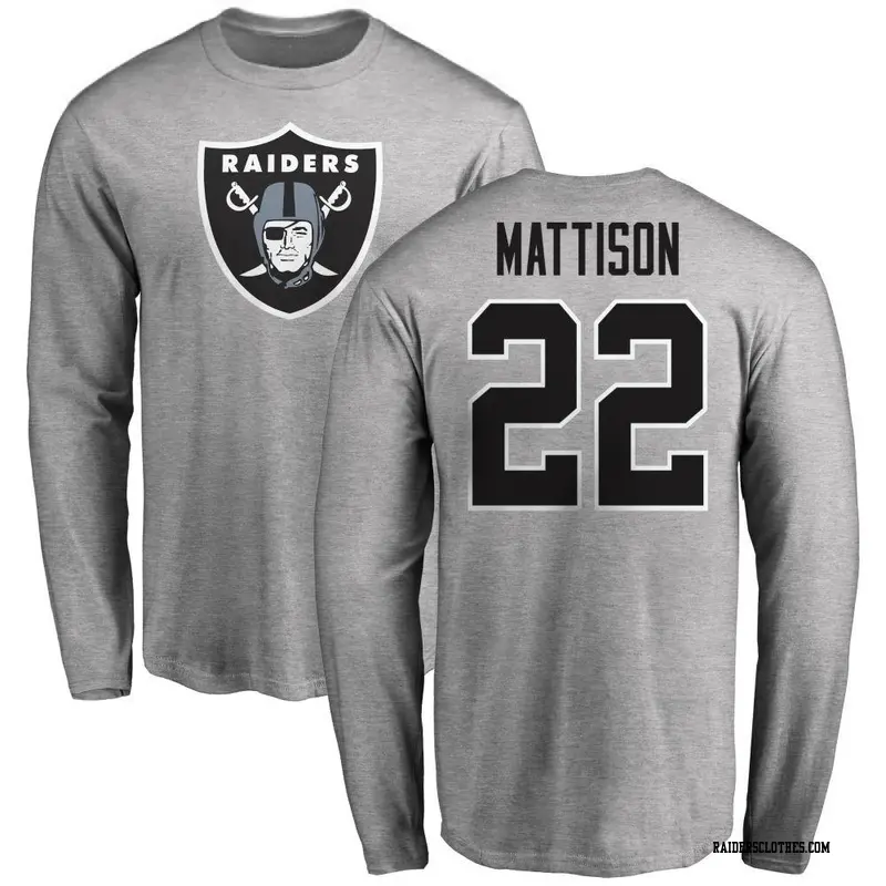 Men's Las Vegas Raiders ＃22 Alexander Mattison Ash Name & Number Logo Long Sleeve T-Shirt